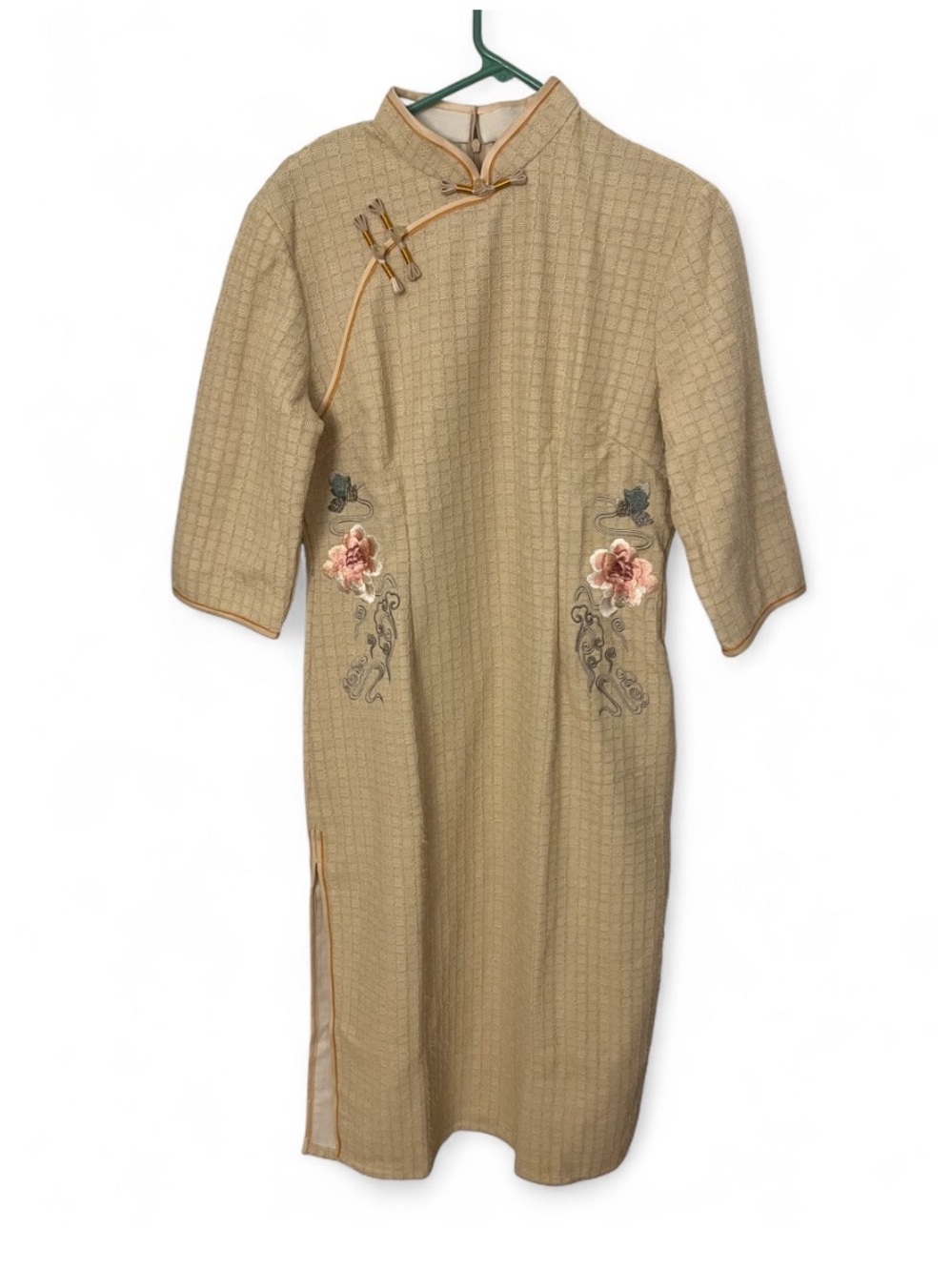 Beige Embroidered Mandarin Collar Dress